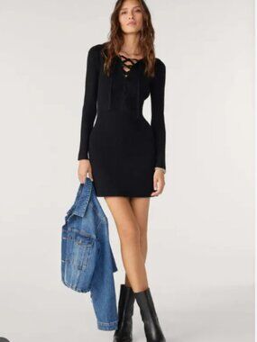 ba&sh Size S Black Willy lace-up neckline Ribbed Knit Dress
